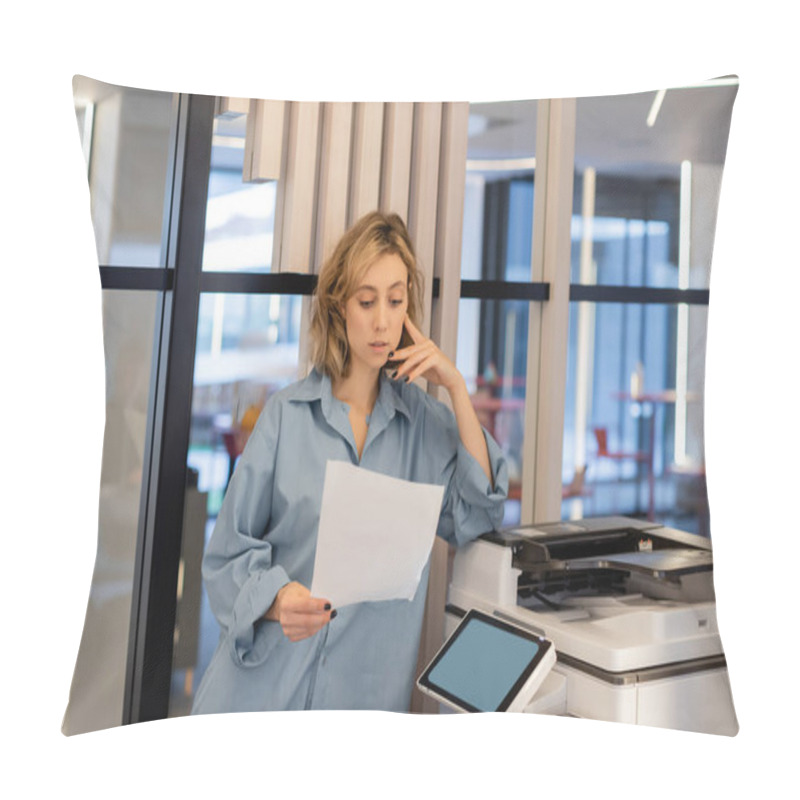 Personality  Young Blonde Woman With Wavy Hair Holding Blank Paper While Standing Near Printer In Office  Pillow Covers