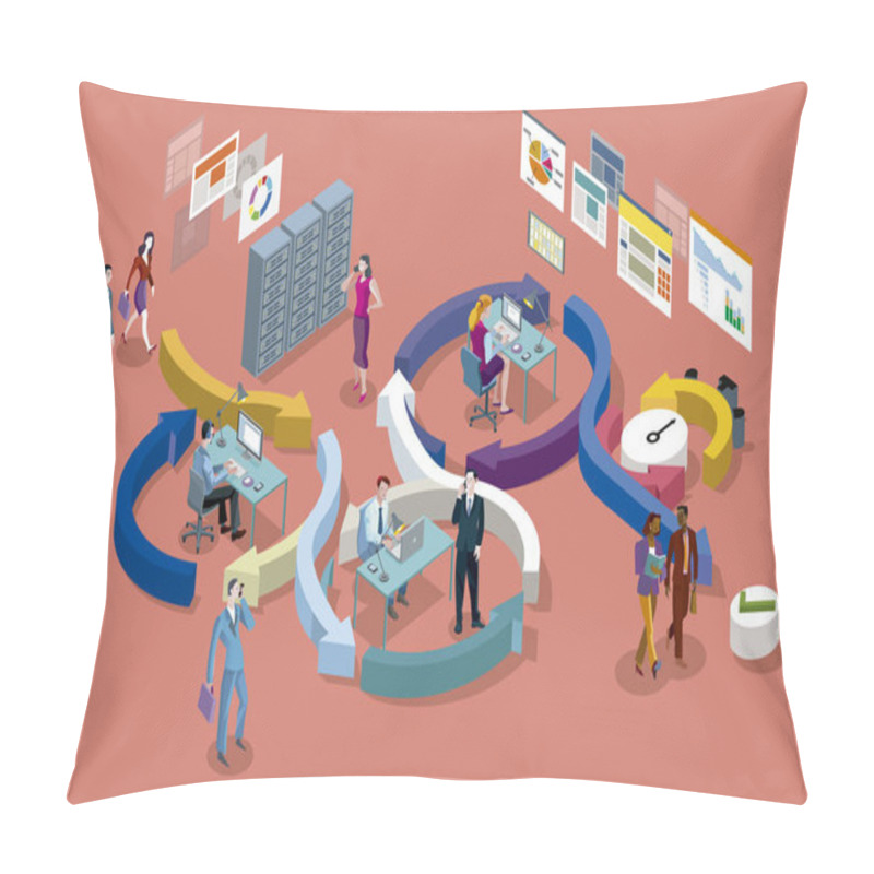 Personality  Isometric Vector Concept Illustration. Agile Development Workflow Method. Isometric View Of Developers Team Working On Computers. Pillow Covers