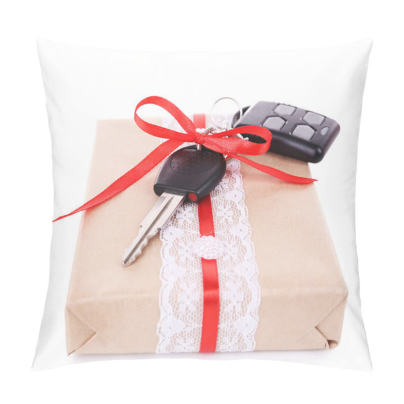 Personality  Car Keys With Red Bow On Present Box Isolated On White Pillow Covers