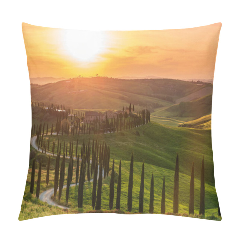 Personality  Path To Hill House Through Cypress Trees And Sunrise View Of Stunning Rural Landscape Of Tuscany, Italy Pillow Covers