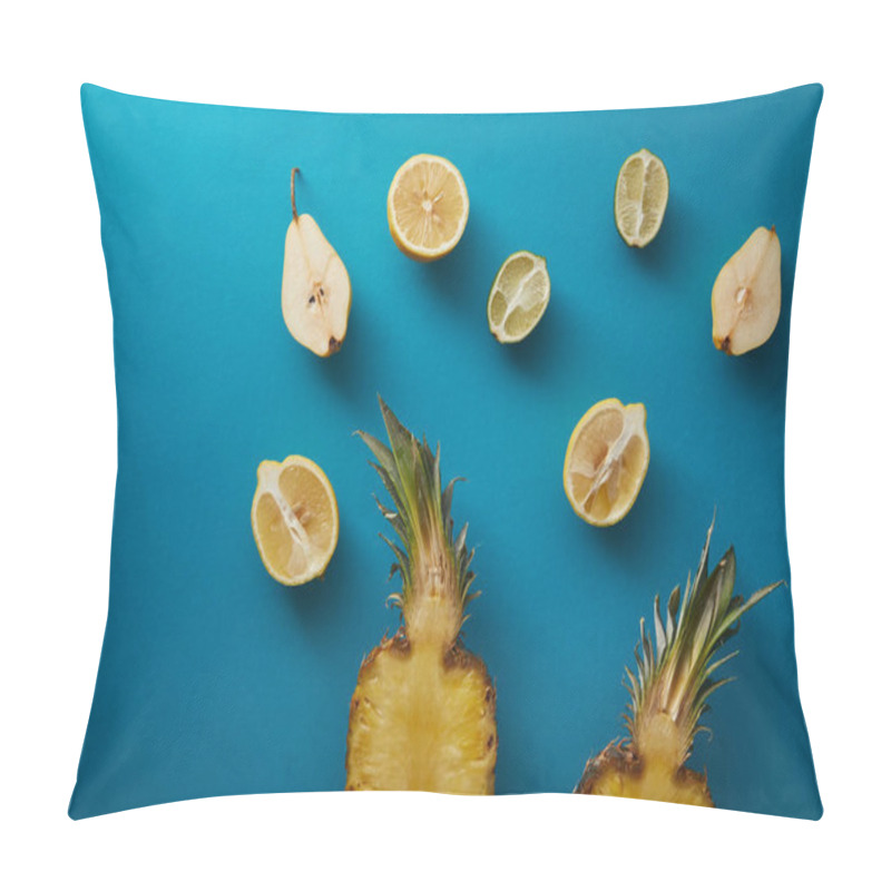 Personality  Elevated View Of Ripe Pineapple, Pears And Lemons On Blue Surface  Pillow Covers