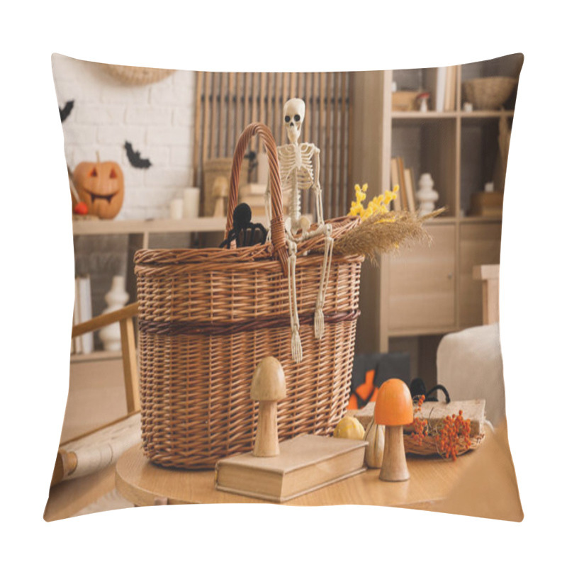 Personality  Wicker Basket With Books And Halloween Decor On Table In Living Room Pillow Covers