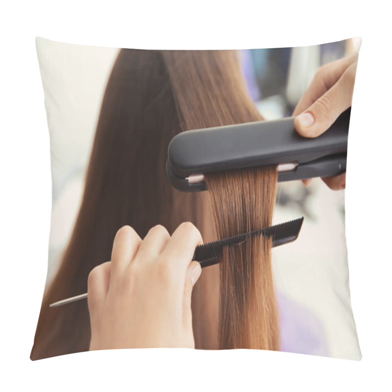 Personality  Professional Hairdresser Working With Client In Salon Pillow Covers