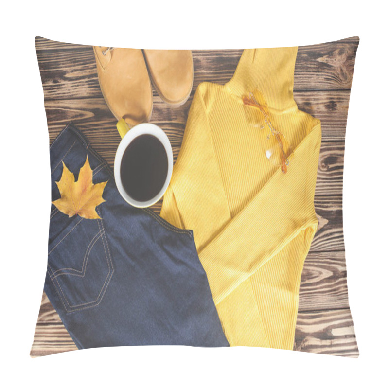 Personality  Top View Shot Of Autumn Background. Fall Woman`s Clothes Flat Lay Picture. Woman Wardrobe. Pillow Covers