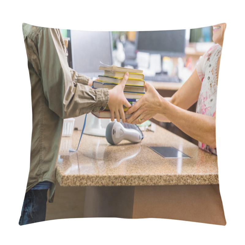 Personality  Boy Giving Books To Librarian At Library Counter Pillow Covers