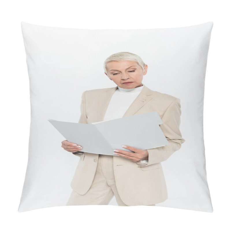 Personality  Elderly Businesswoman In Suit Holding Paper Folder Isolated On Grey  Pillow Covers