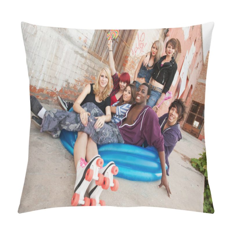 Personality  Fun Loving Group Of Crazy Teen Punks Sit In A Blue Inflateable P Pillow Covers