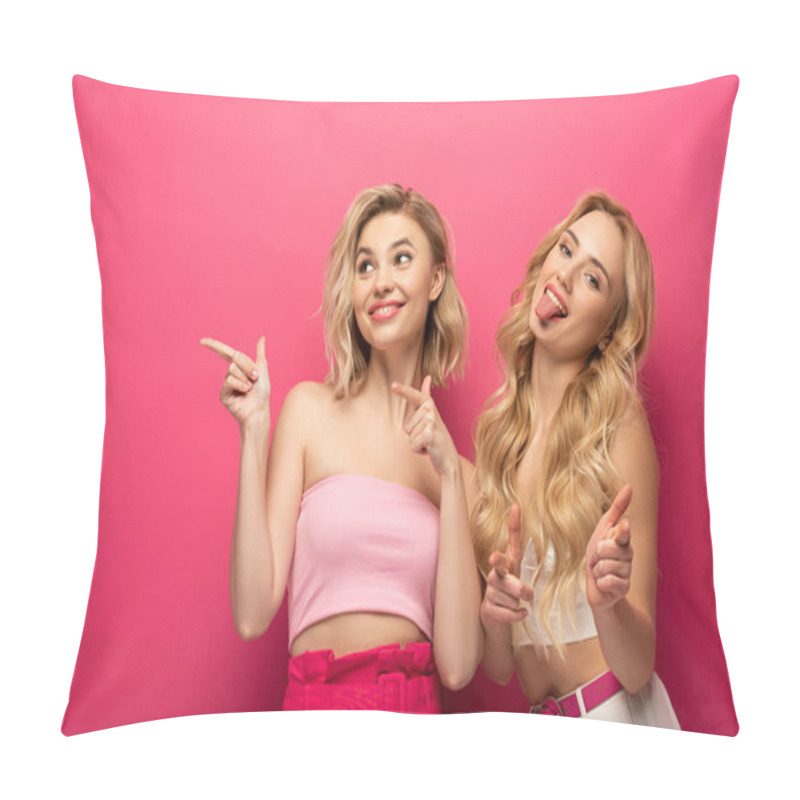 Personality  Smiling Blonde Friends Pointing With Finders On Pink Background Pillow Covers