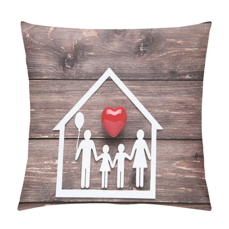 Personality  Family And House Figures With Red Heart On Wooden Table Pillow Covers