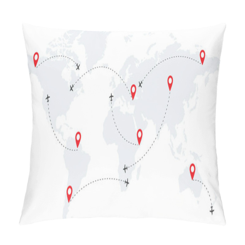 Personality  Airline Route Points. Plane Flight With Dashed Path. Map Of World Wallpaper With Planes. Globe Concept On White Background. Travel Flight With Pointer Icons. Location Sign. Vector EPS 10. Pillow Covers