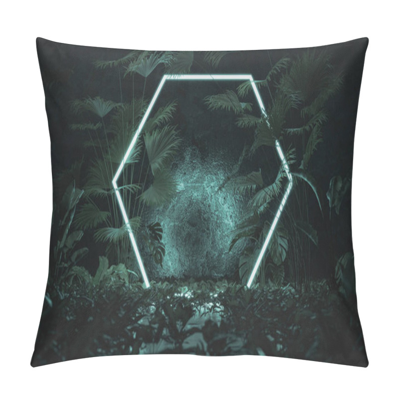 Personality  3d Rendering Of Blue Lighten Hexagon Shape Surrounded By Jungle Trees Pillow Covers