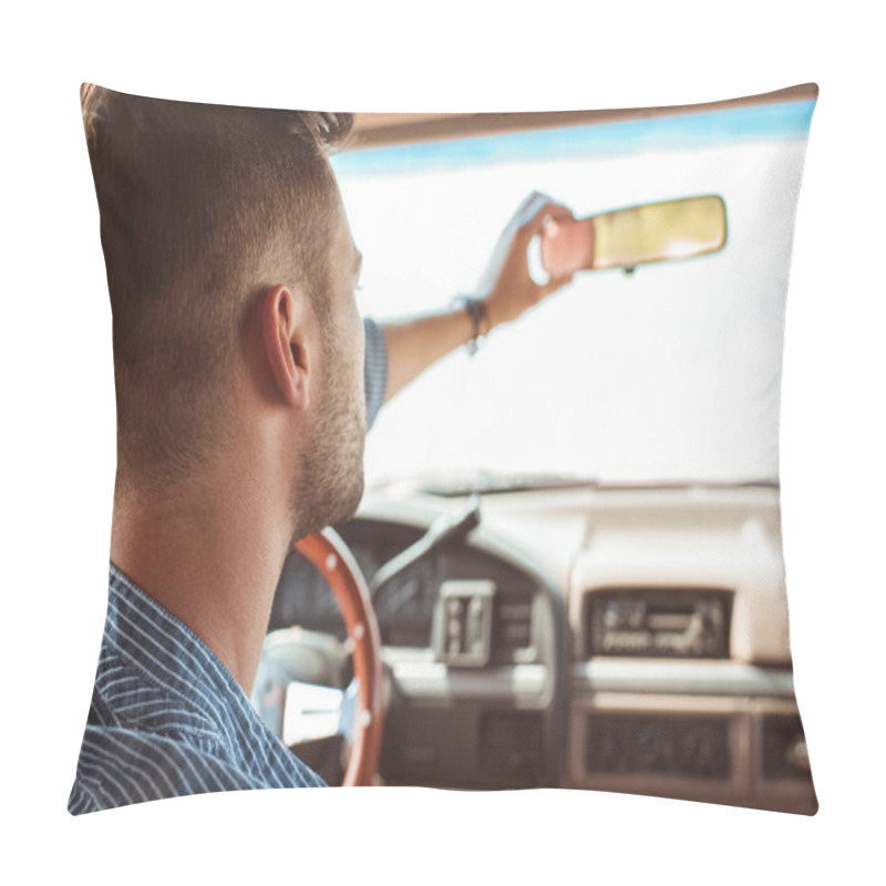 Personality  Back View Of Male Driver Looking At Rearview Mirror In Car Pillow Covers