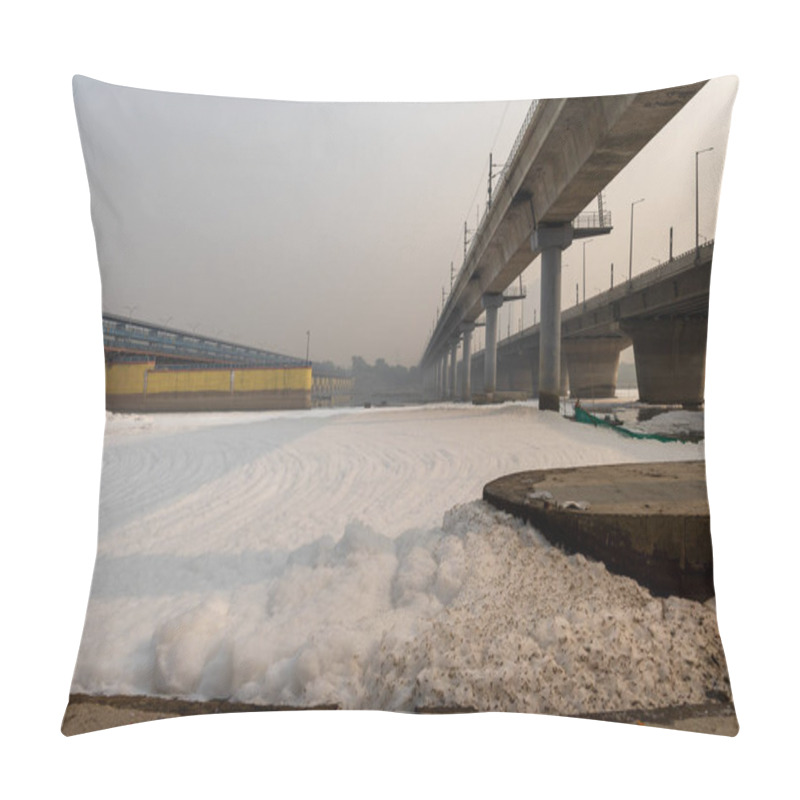 Personality  Polluted River With Industrial And Domestic Effluents Toxic Foam And Road Bridge At Morning Image Is Taken At Yamuna River Okhla Barrage Delhi India. Pillow Covers