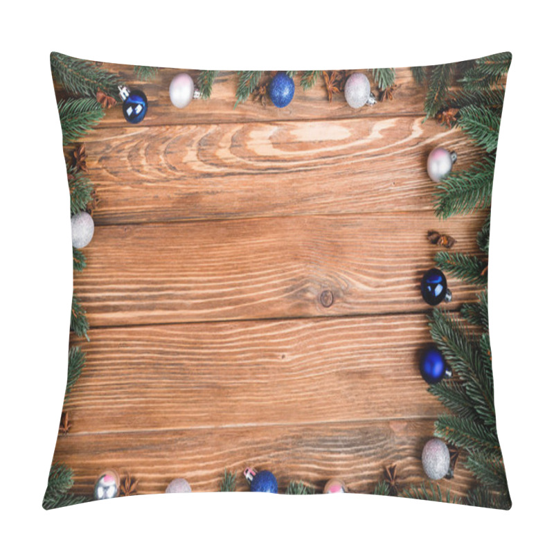 Personality  Flat Lay With Pine Branches, Christmas Balls And Anise Stars On Brown Wooden Background, New Year Concept Pillow Covers