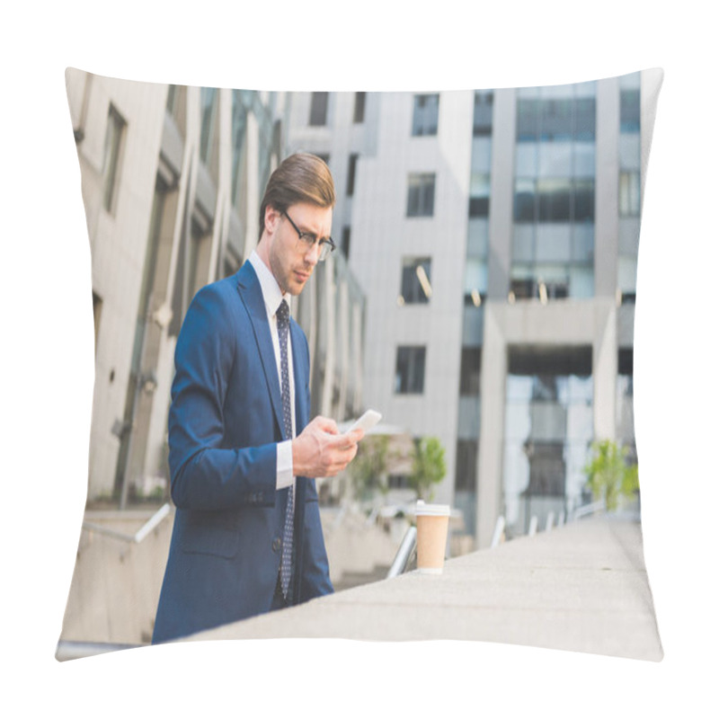 Personality  Attractive Young Businessman In Stylish Suit With Paper Cup Of Coffee Using Smartphone Near Business Building Pillow Covers