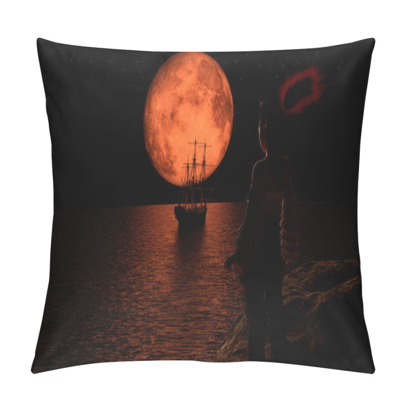 Personality  Pirate Sailboat At The Full Red Moon. The Pirate Woman Standing On A Rock. 3d Rendering. Pillow Covers