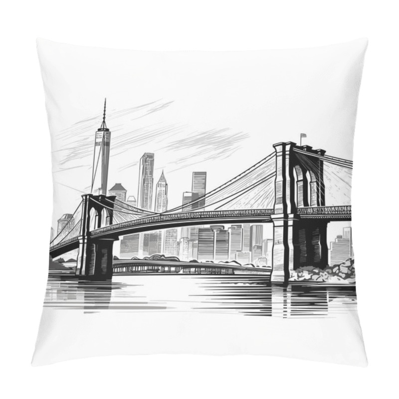 Personality  Brooklyn Bridge Hand-drawn Comic Illustration. Brooklyn Bridge. Vector Doodle Style Cartoon Illustration Pillow Covers