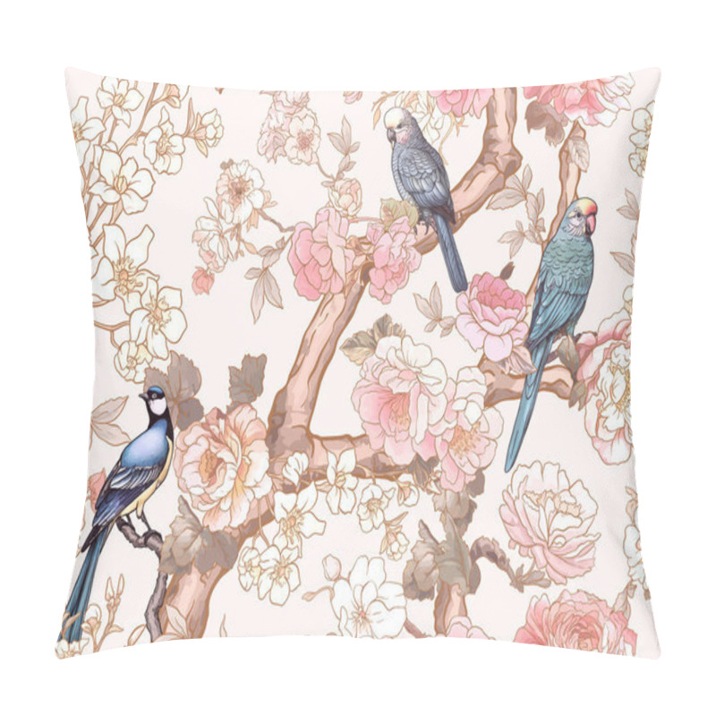 Personality  Blossom Trees With Sparrow And Parrots Seamless Pattern, Background. Vector Illustration. In Chinoiserie, Botanical Style Pillow Covers