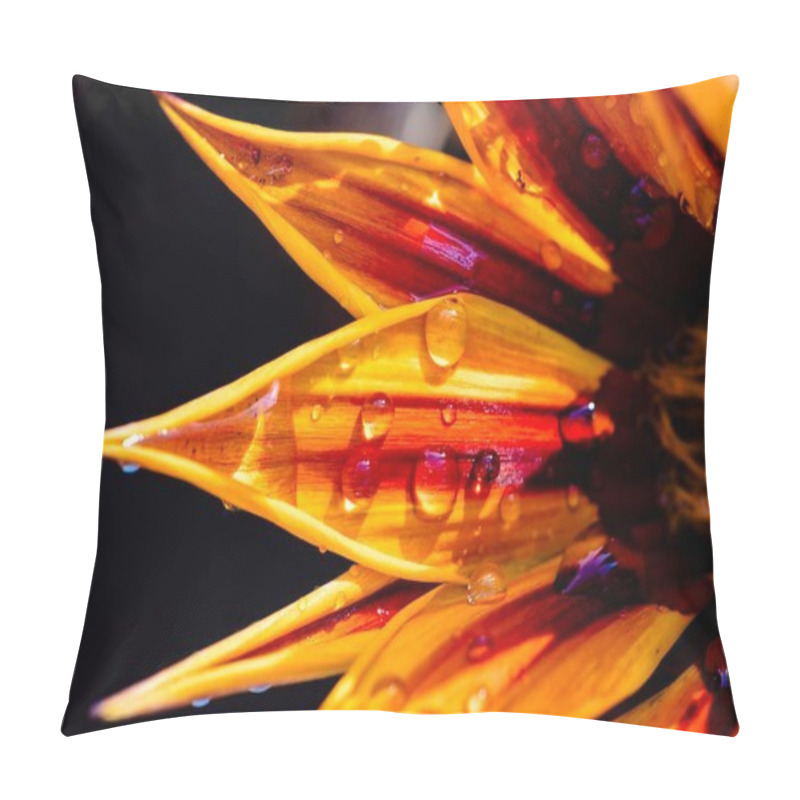 Personality  Macro Portrait Of The Petals Of A Vibrant Yellow And Red Gazania Flowers Blooming In A Sunlit Garden, Showcasing Their Striking Petals On A Dark Background. Perfect For Nature And Gardening Themes. Pillow Covers