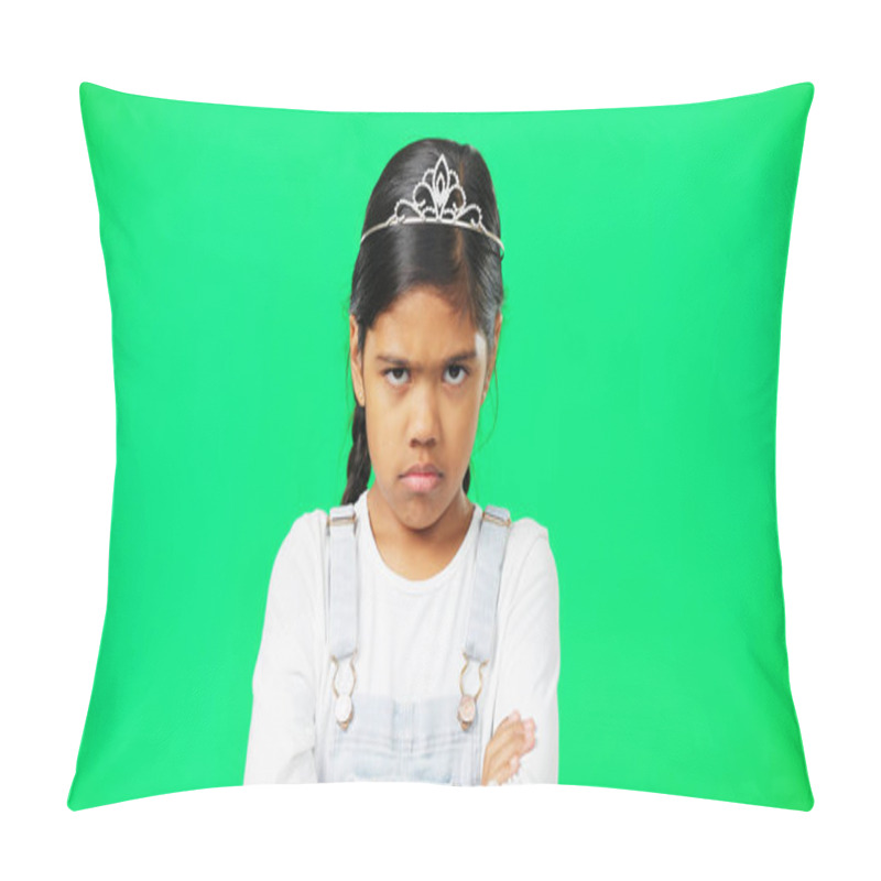 Personality  Angry, Upset And Child With Crossed Arms On Green Screen With Crown, Princess Costume And Tutu In Studio. Portrait, Behavior Mockup And Isolated Young Girl With Anger, Disappointed And Mad Expression. Pillow Covers