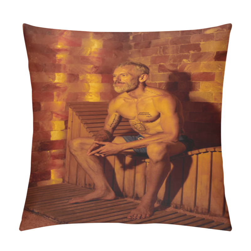 Personality  Relaxed And Shirtless Middle Aged Man With Tattoos Sitting On Bench In Sauna, Wellness Concept Pillow Covers