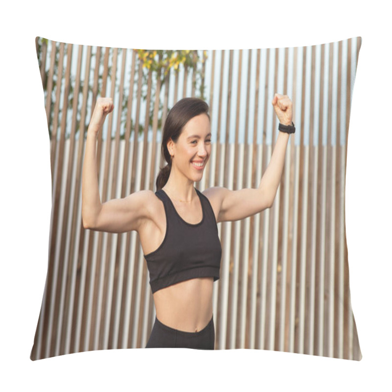 Personality  Positive Millennial European Woman Athlete Champion Show Muscles Biceps On Hands, Celebrating Victory In Competition In City, Outdoor. Fitness And Strength Training, Body Care Pillow Covers