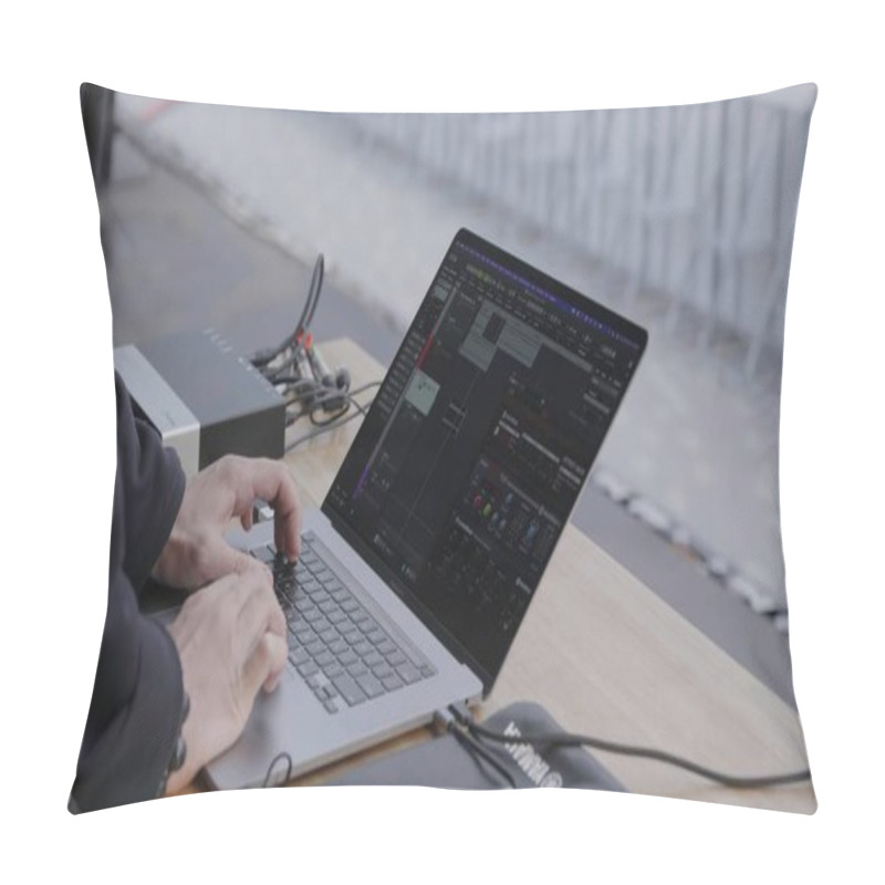 Personality  A High Performance Laptop Linked To Advanced Audio Gear, Illustrating A Modern Music Production Setup. Clip Pillow Covers