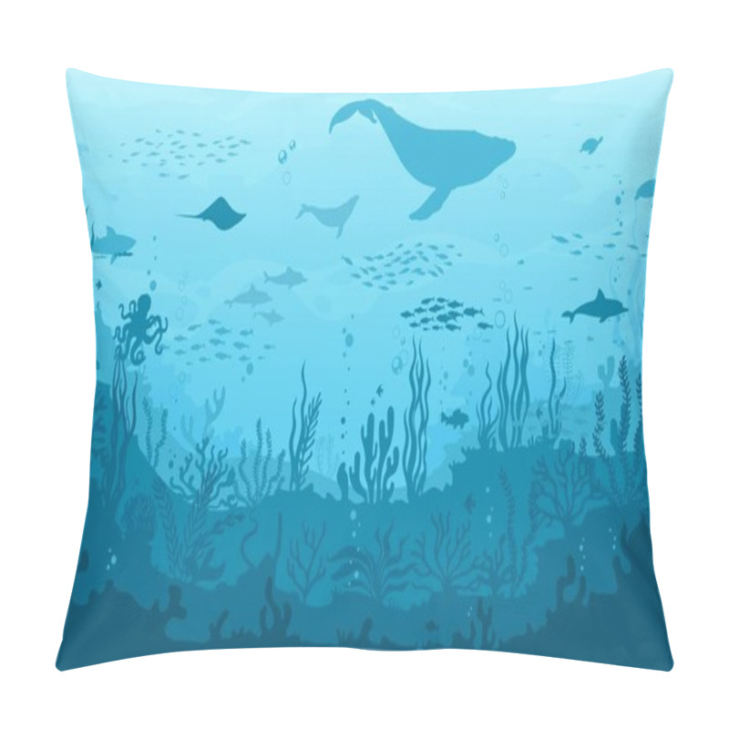 Personality  Ocean Underwater Landscape, Seaweed And Reef, Fish School, Whale Silhouette. Sea Bottom Landscape, Seafloor Seascape Vector Background With Ocean Flora And Fauna, Corals, Sea Animal Silhouettes Pillow Covers