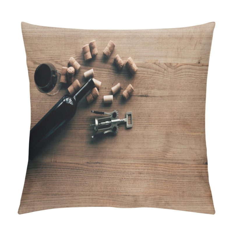 Personality  Top View Of Bottle Of Wine, Wine Glass, Corks And Corkscrew On Wooden Surface Pillow Covers