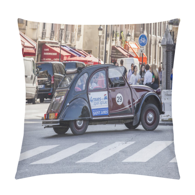 Personality  PARIS, FRANCE, On AUGUST 28, 2015. Urban View. Typical Parisian Street In The Bright Sunny Day. Retro French Car In The Street Pillow Covers