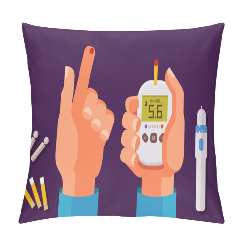 Personality  Diabetes, Health Concept. High Blood Sugar. Glucometer, Glucose Meter Cartoon Vector Illustration Pillow Covers