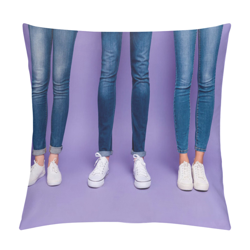 Personality  Cropped Close Up Photo Of One Guy And Two Women Standing Straight Isolated Violet Background Pillow Covers