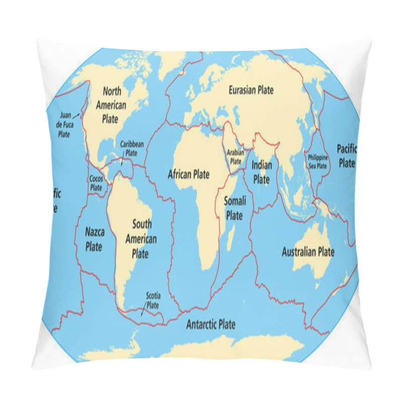 Personality  Map Of The Principal Tectonic Plates Of The Earth. The Sixteen Major Pieces Of Crust And Uppermost Mantle Of The Earth, Called The Lithosphere, And Consisting Of Oceanic And Continental Crust. Vector Pillow Covers