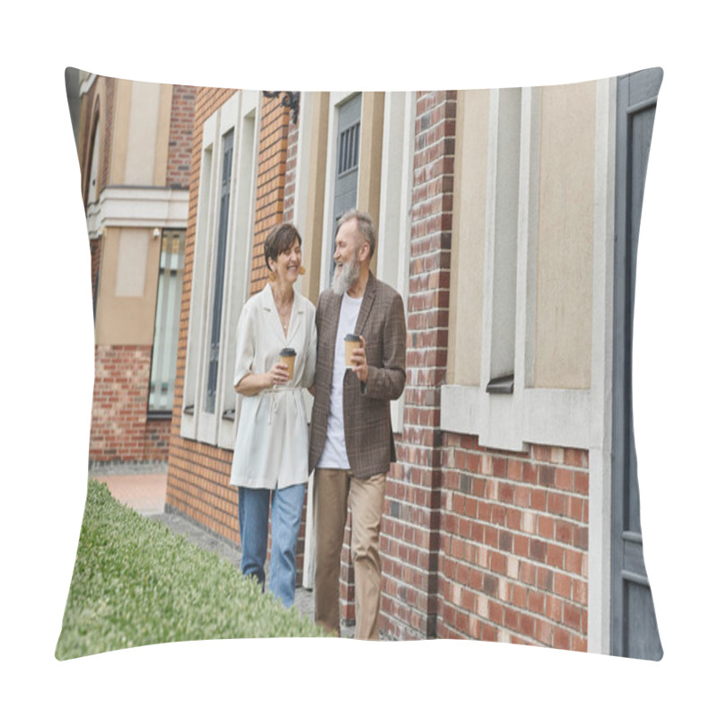 Personality  Happy Senior Couple Holding Coffee To Go, Walking Near Building, Man And Woman, Elderly, Romance Pillow Covers