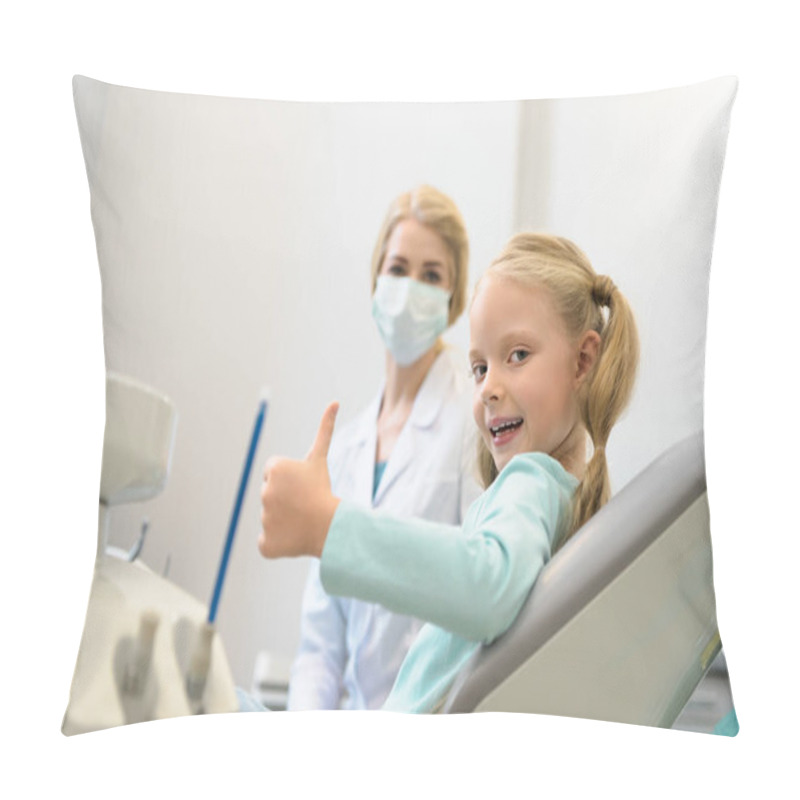 Personality  Beautiful Little Child Showing Thumb Up While Sitting In Chair At Dentist Office Pillow Covers