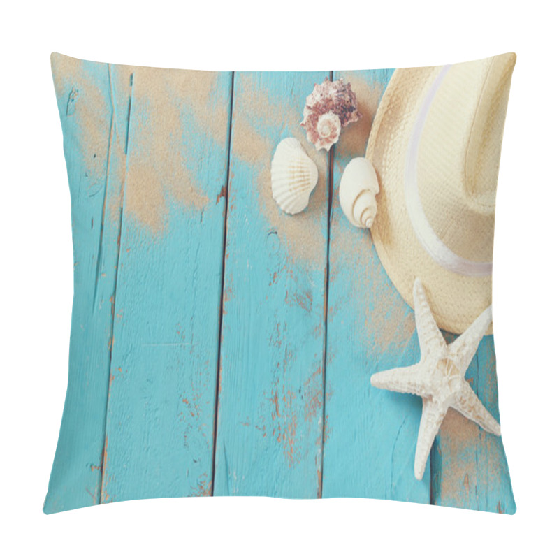 Personality  Top View Nautical Concept With Fedora Hat And Seashells Pillow Covers