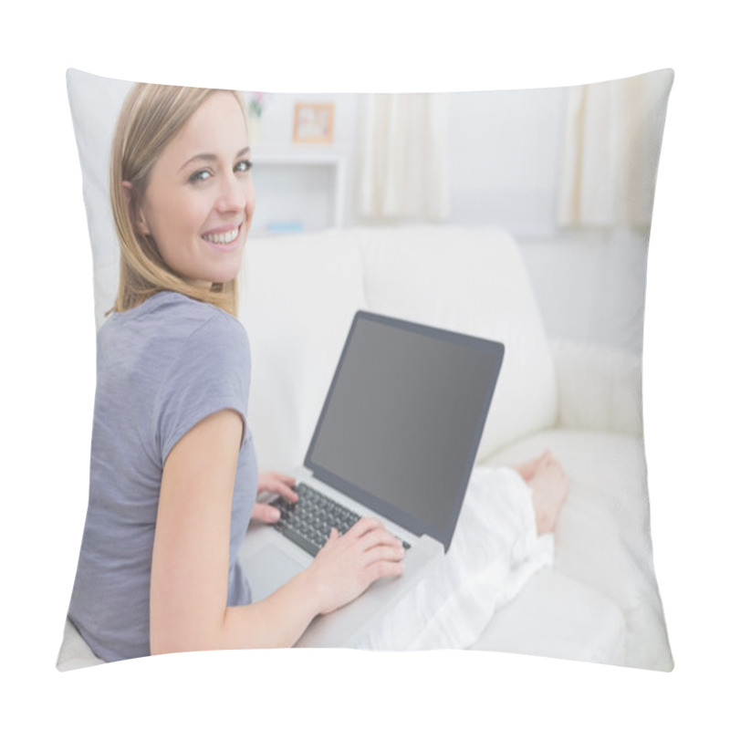 Personality  Portrait Of Casual Woman Using Laptop In Living Room Pillow Covers