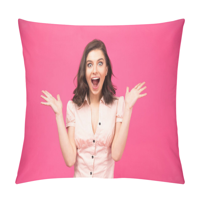 Personality  Surprised Woman Shouting Over Pink Background Pillow Covers