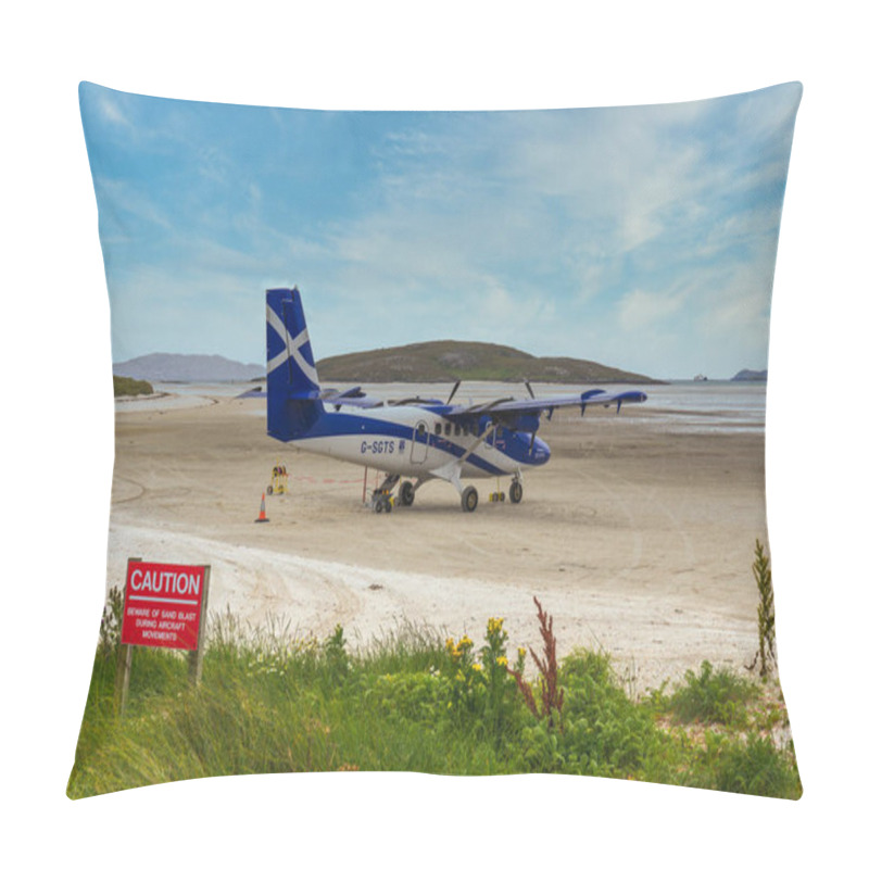 Personality   Small Plane On The Sandy Runway Of Barra Airport, Scotland  Pillow Covers