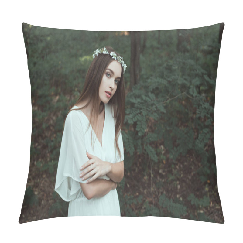 Personality  Beautiful Tender Girl Posing In White Dress And Floral Wreath In Forest Pillow Covers