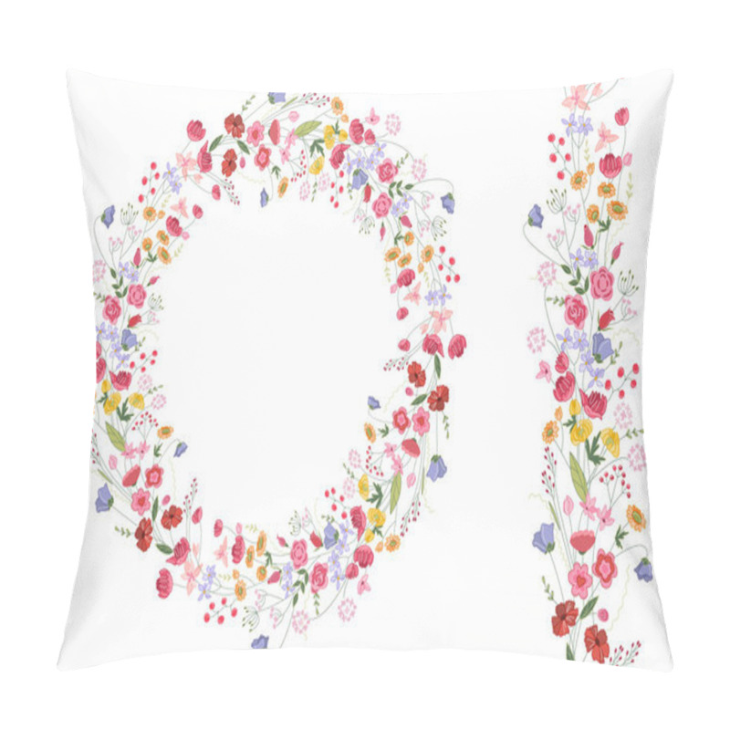 Personality  Detailed Contour Wreath With Herbs And Bright Wild Stylized Flowers Isolated On White. Pillow Covers