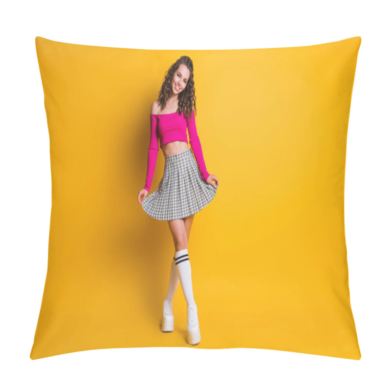 Personality  Full Size Photo Of Pretty Cute Glad Toothy Curly Lady Girlfriend Wear Pink Naked Shoulders Top Plaid Mini Skirt White Long Socks Sneakers Isolated Bright Yellow Color Background Pillow Covers