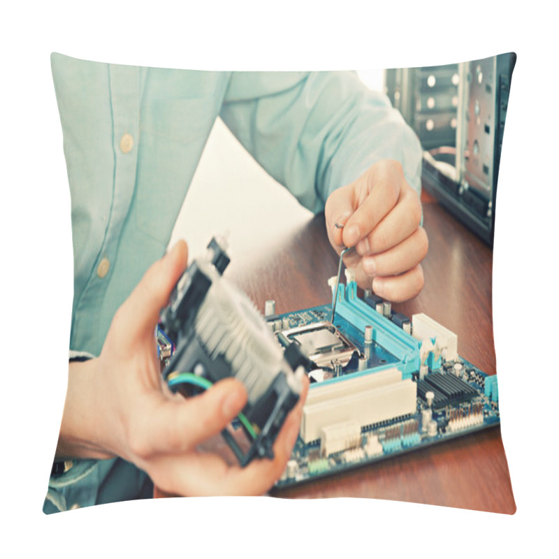 Personality  Technician Repairing Computer Hardware In The Lab. Pillow Covers