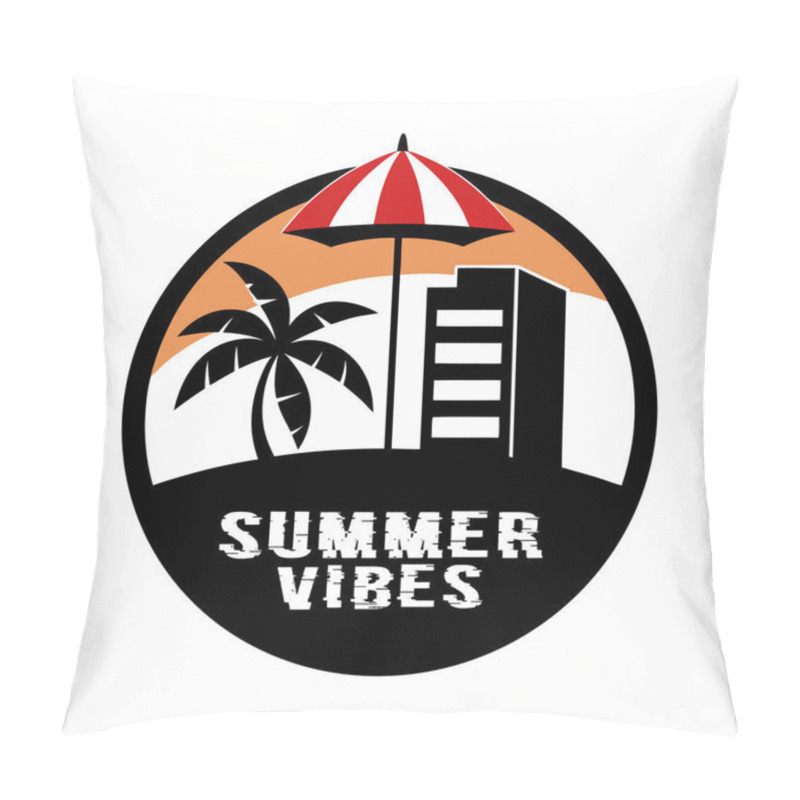 Personality  Summer Vibes Hotel Logo, Palm Tree, Sunshade, And Cityscape In Circle - Perfect For Travel Branding Pillow Covers