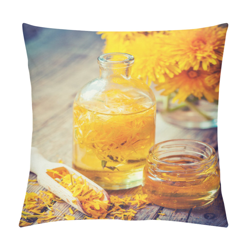 Personality  Bottle Of Dandelion Tincture Or Oil, Flower Bunch And Honey Jar  Pillow Covers