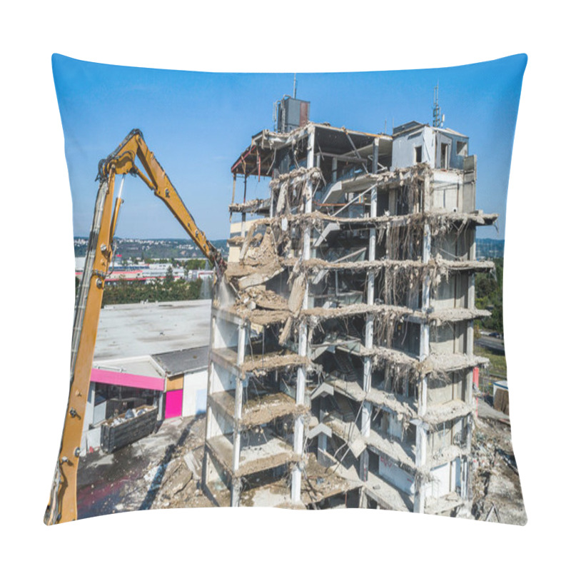 Personality  Aerial View Of Building House Demolition And Construction Site Excavator With Hydraulic Crasher Machine Pillow Covers