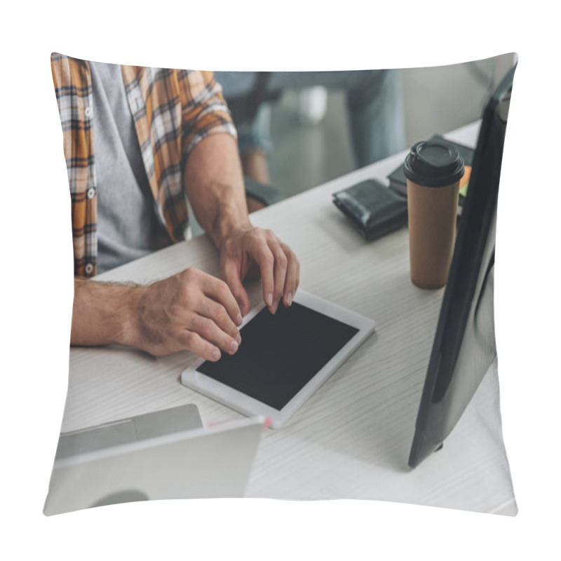 Personality  Cropped View Of Programmer Using Digital Tablet While Sitting At Workplace Pillow Covers