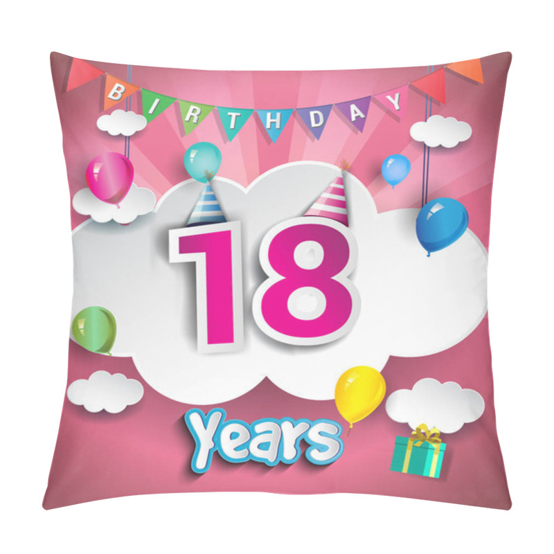 Personality  18  Years Birthday Design For Greeting Cards And Poster, With  Gift Boxes, Balloons. Design Template For Anniversary Celebration Pillow Covers