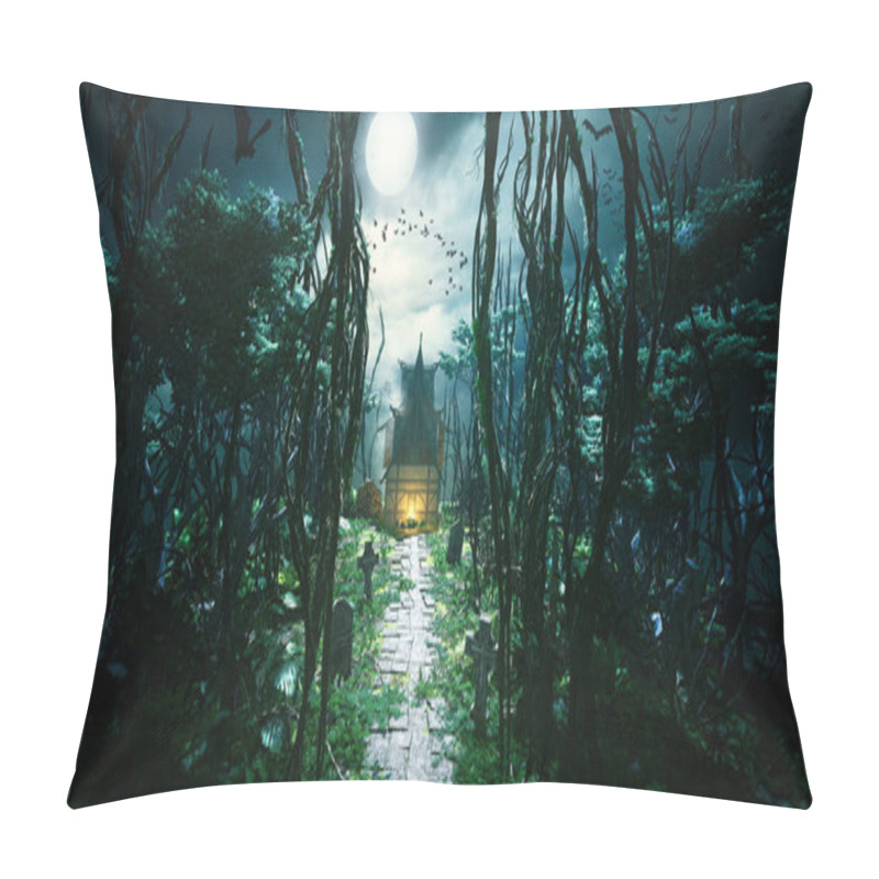 Personality  3D Render Of Creepy Foggy Forest With House At End Of Path. Graveyard And With Bats And Birds Flying Around At Moonlight. Pillow Covers