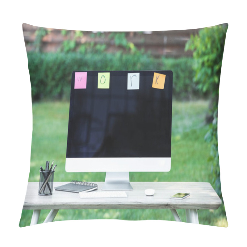 Personality  Selective Focus Of Textbook, Smartphone, Computer And Stick It Notes With Lettering Work Hanging On Computer Monitor At Table Outdoors  Pillow Covers